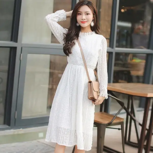 

Robe Femme Women Elegant Lace Dress Hollow Out Female White Vestidos Loose Waist Long Sleeve Party Dress DV927