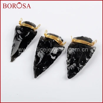 

BOROSA 10/20PCS Gold Color Wire Wrap Black Obsidian Arrowhead Connector Jaspers Gems Pendants for Necklace Making G1644