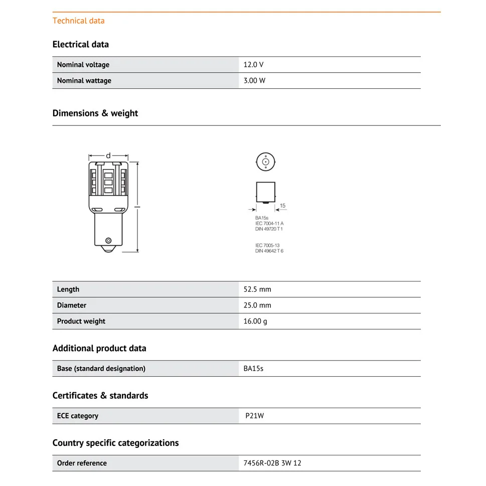 OSRAM СВЕТОДИОДНЫЙ riving Стандартный подходящий светодиодный светильник S25 P21W 7456R 1156 красного цвета, автомобильный сигнальный светильник, противотуманные фары, лампы заднего хода(двойные