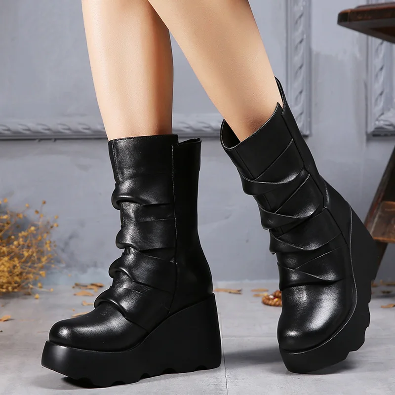 

2018 Original Women Shoes Mid Calf Boots Genuine Leather Round Toes Pleated Platform Wedge Boots Back Zipper Ladies Warm Boots