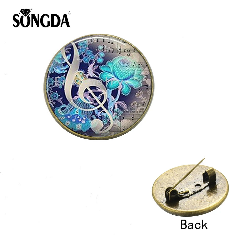 

SONGDA Charm Vintage Treble Clef Symbol Lapel Pin Boho Blue Flower Pattern Glass Cabochon Art Brooch Pin Badge Women Accessories