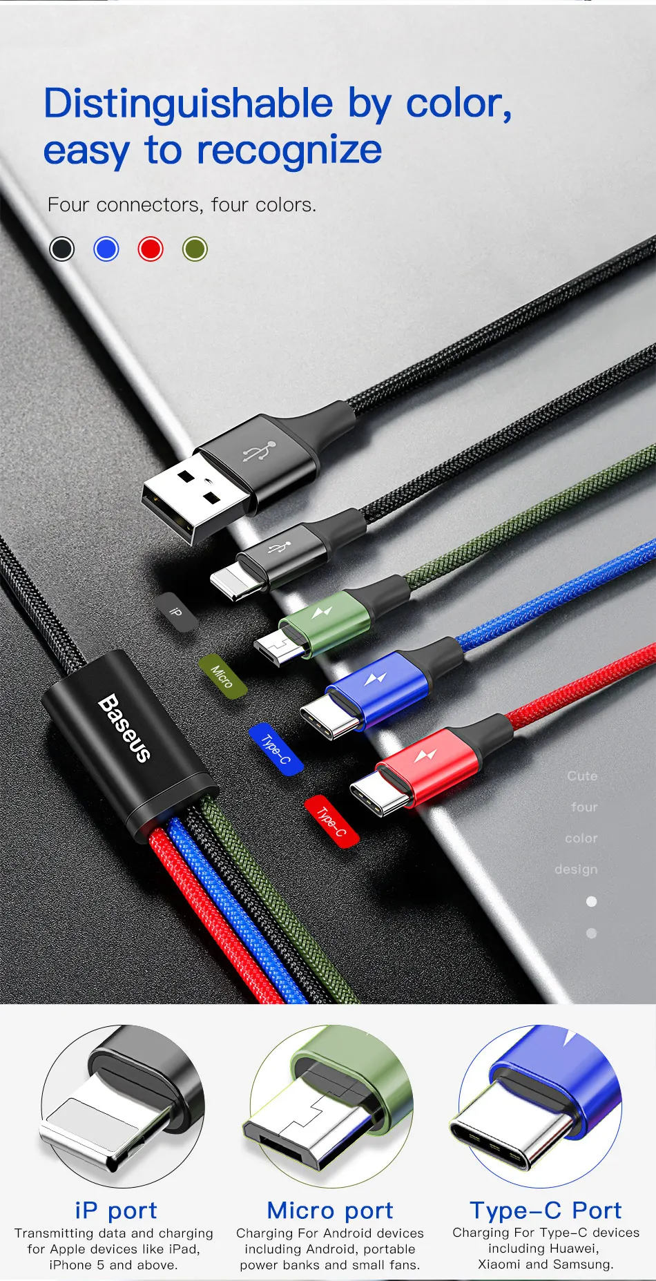 4 in 1 Multi usb charging cable For lightning micro usb type c cable for iPhone Samsung s9 huawei xiaomi fast charger usb cable