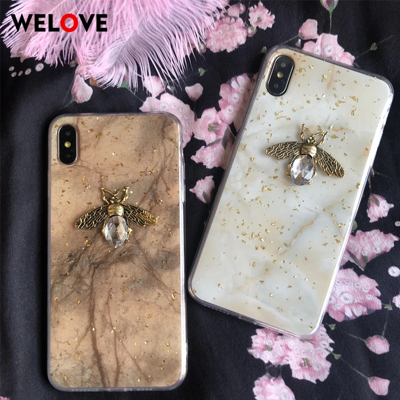 

3D metal bee Marble pattern Soft silicone phone case for iphone 6 6S 7 8 Plus X XR XS Max Glitter Luxury Glitter Gold Foil Cover
