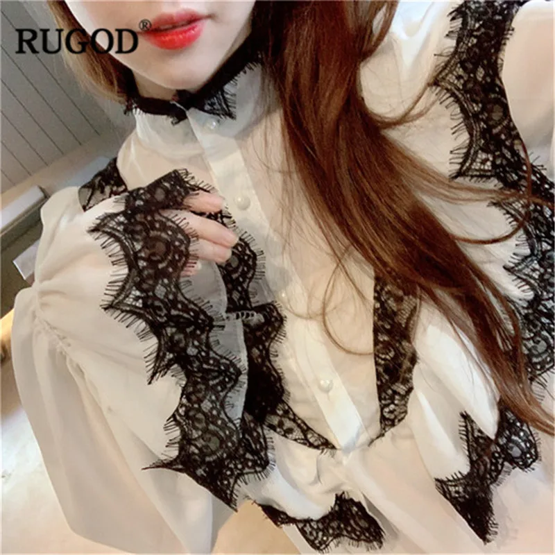 

RUGOD Elegant Vintage Women Blouses Fashion Lace Patchwork Flare Sleeve Ruffle Tops 2019 Spring Casual Blusas Kimono Befree