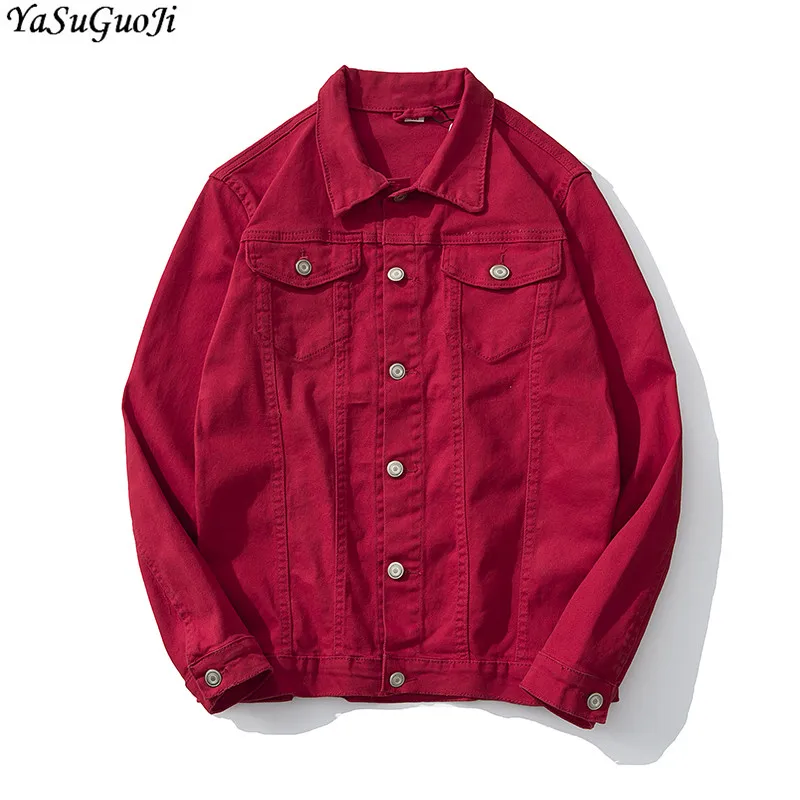 

YASUGUOJI new 2018 autumn fashion slim fit long sleeve denim jacket men jeans jacket men red male jackjet men clothes JK39