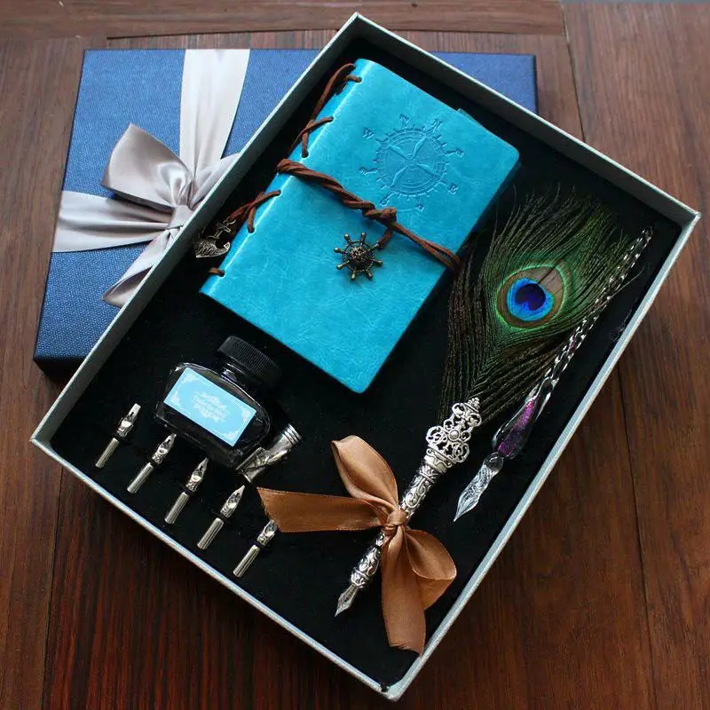 

High Quality Feather Pen Crystal Glass Pen Dip Pen With Notebook Gift Box, Pen Gift