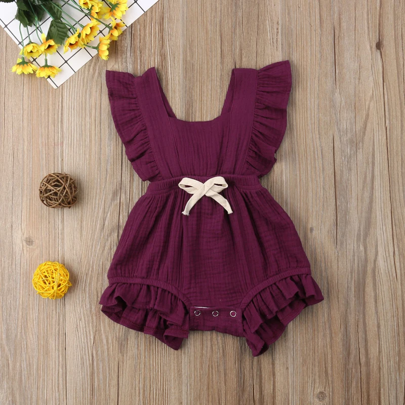 Newborn Baby Girl Summer Ruffle Cotton Romper Jumpsuit Outfits Clothes Sunsuit 0-24M Solid Color Outfits