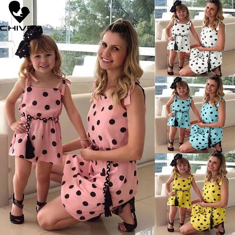 

Chivry 2019 New Mother & Kids Dress Fashion Polka Dot Print Sleeveless Cami Dresses Mom and Daughter Matching Family Dress
