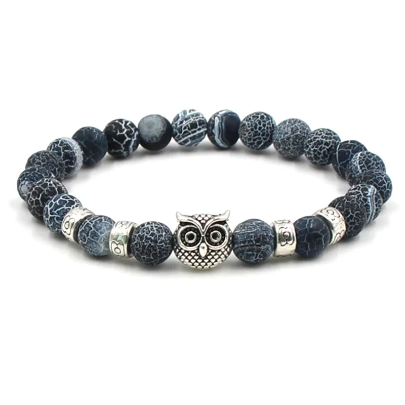 

Black Weathering natural Stone Alloy Silver Owl Elastic String For Men Women Cute Charms Bracelet Chain Homme Femme