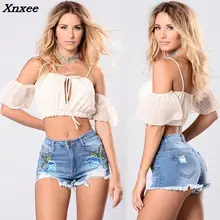 Новые Сексуальные женские ковбойские шорты с узкой вышивкой, шорты с высокой талией, высокая упаковка с отверстиями, женские джинсовые шорты Xnxee