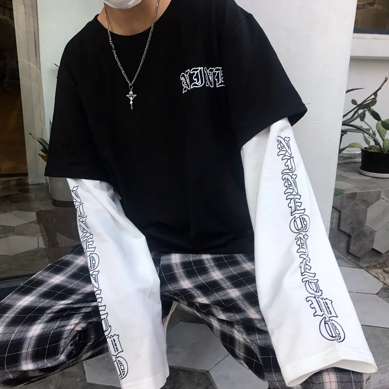 Harajuku одежда уличная футболка для женщин Корейский Ulzzang винтажные поддельные 2 шт