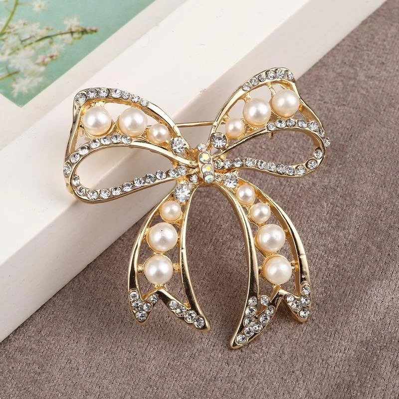 

Fashion Bowknot Pearl Brooches For Women Gold Color Lovely Brooch Pins Wedding Jewelry