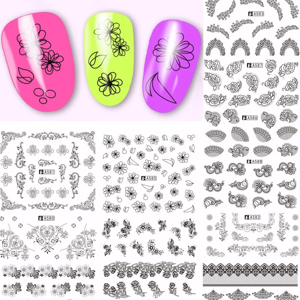 

12 Sheets Fashion Black Lace Line Floral Designs Nail Art Water Transfer Stickers Decal A577-88#