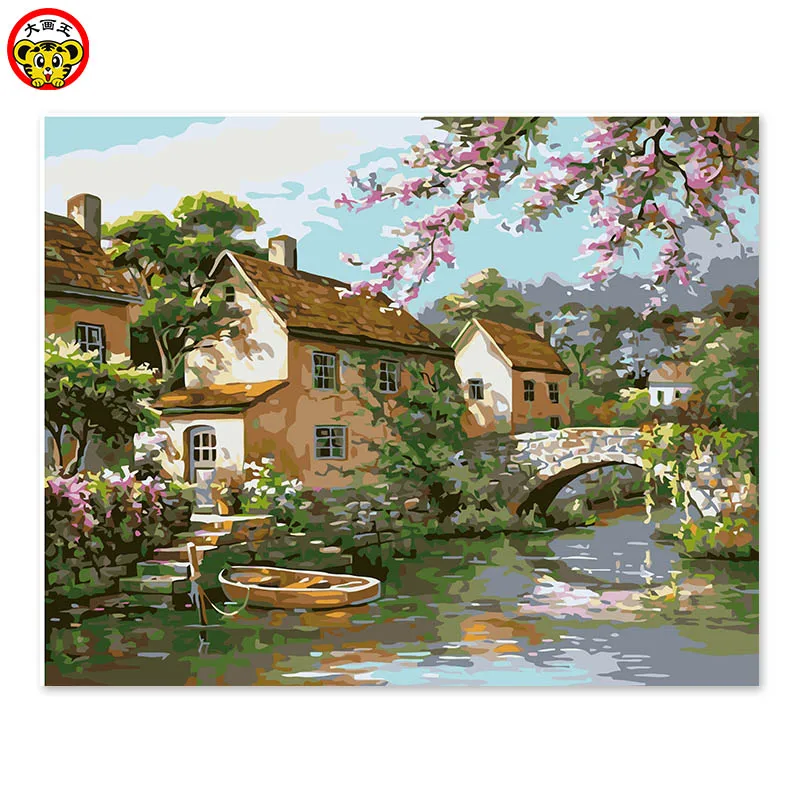 

painting by numbers art paint by number Digital painting of its own color acrylic color DIY rural small bridge water family Euro