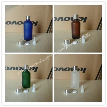 

50ml frosted clear/green/brown/blue glass bottle with shiny silver aluminum screw cap(lines),essential oil bottle.