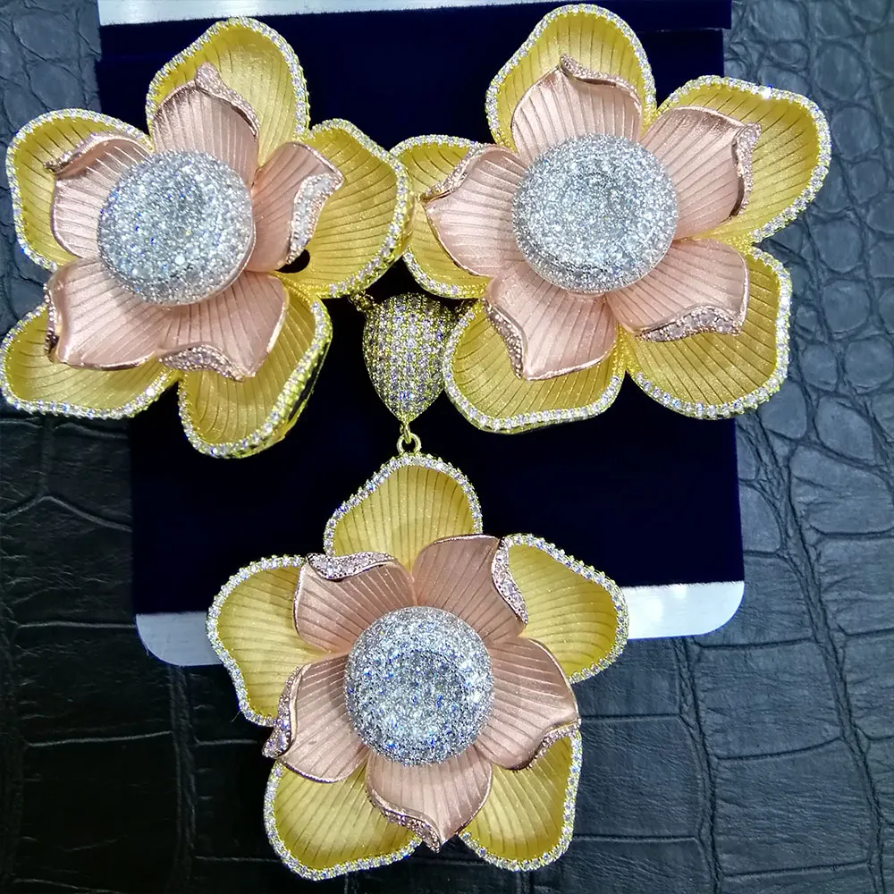 

GODKI Luxury Exclusive Tricolor Flower Luxury Women Wedding Naija Bridal Cubic Zirconia Necklace Earring Dubai High Jewelry Sets