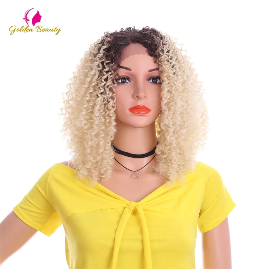 

Golden Beauty 14 inches Kinky Curly Afro Wigs Side Part Natural Ombre Synthetic Hair Lace Front Wig for African Women