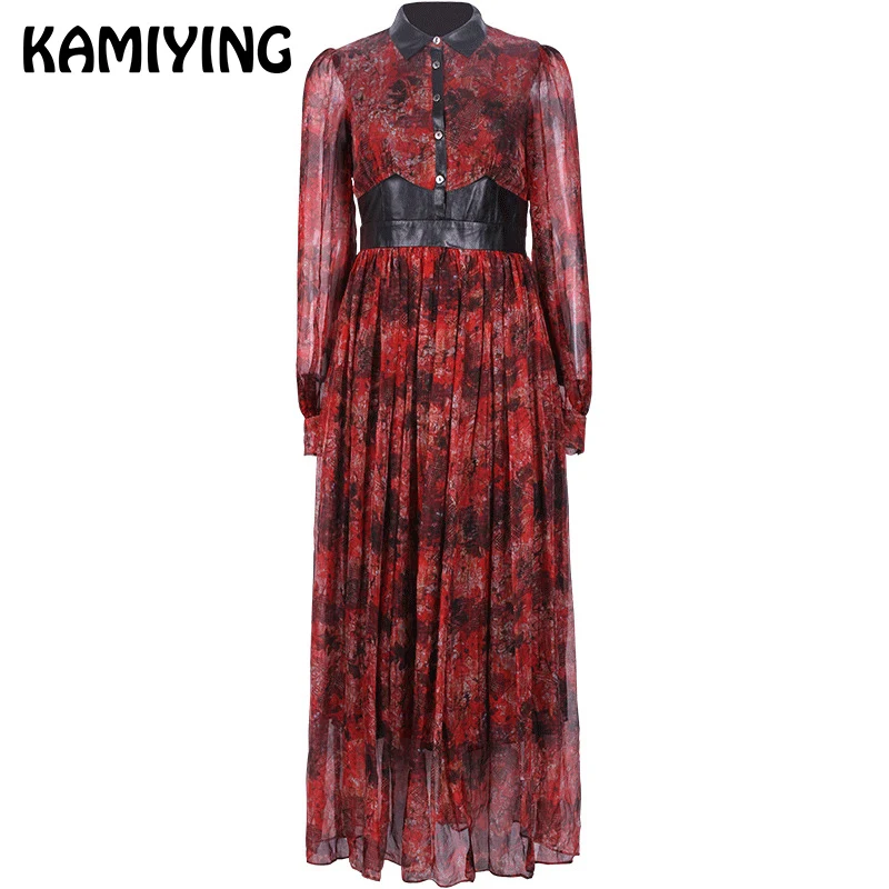 

KAMIYING Genuine Leather Midi Length Dress Sheepskin Patchwork Retro Printed Slim Elegant Real Silk Dresses PKHC539
