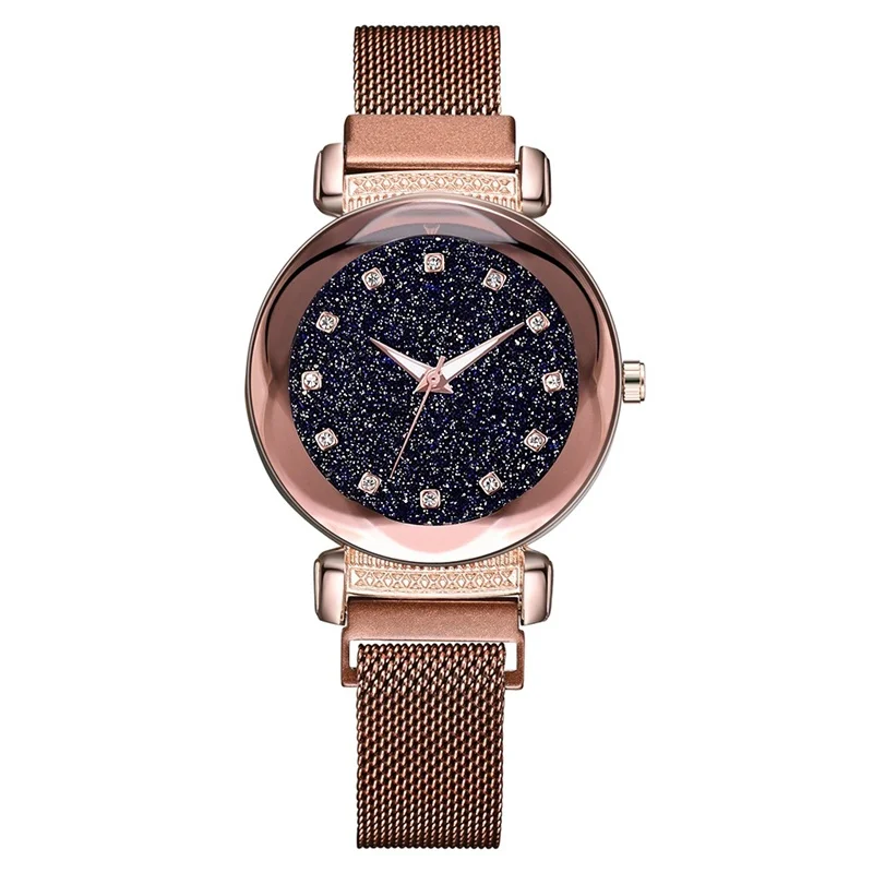 Роскошные часы для женщин модные с магнитным сетчатым ремешком звездное небо женские наручные часы со стразами Светящиеся женские кварцевые часы Reloj Mujer - Цвет: Коричневый