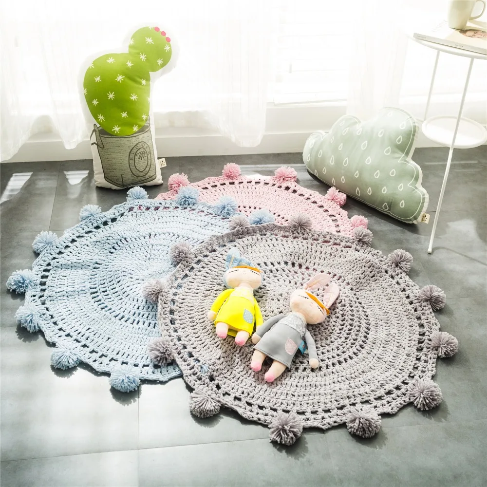 

Knitted Floor Mat 2018 Hand Woven Carpets Pink Crochet Round rug Wave window Pad Bedroom Decor Kids Play Rug Bedroom props Tapis
