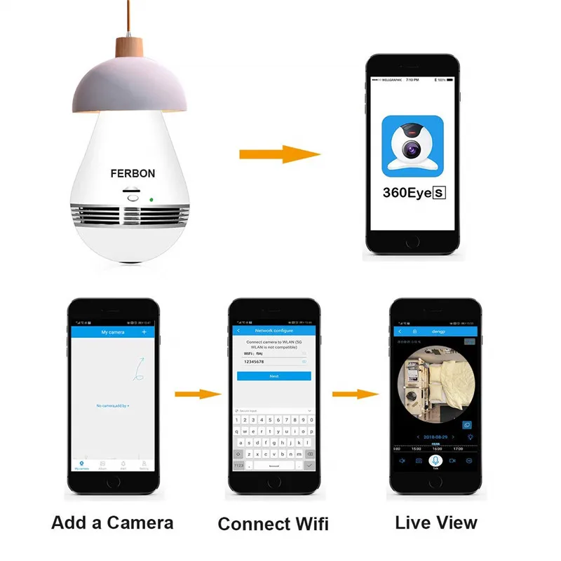 Светодиодный свет лампа Fisheye панорамный 360 градусов HD IP камера, Wi-Fi, P2P ночного видения Камера наблюдения домашней безопасности обнаружения движения