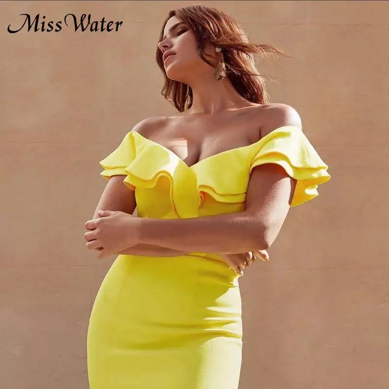 

Miss Water New Celebrity Party Bodycon Bandage Dress Women Yellow Butterfly Sleeve V-Neck Sexy NightClub Dress Women Vestidos