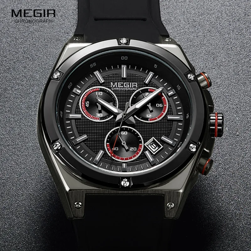 Megir الرجال الأسود سيليكون الرياضة الكوارتز المعصم الساعات مضيئة Relojios Relojes للماء كرونوغراف ساعة Montres Q2073G-BK-1 Megir الرجال الأسود سيليكون الرياضة الكوارتز المعصم الساعات مضيئة Relojios Relojes للماء كرونوغراف ساعة Montres Q2073G-BK-1