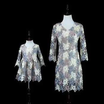 

Plus Size Lace Flower Mother Daughter Dresses Long Sleeve Autumn Shirts Family Matching Outfits Mommy and Me Clothes Dress