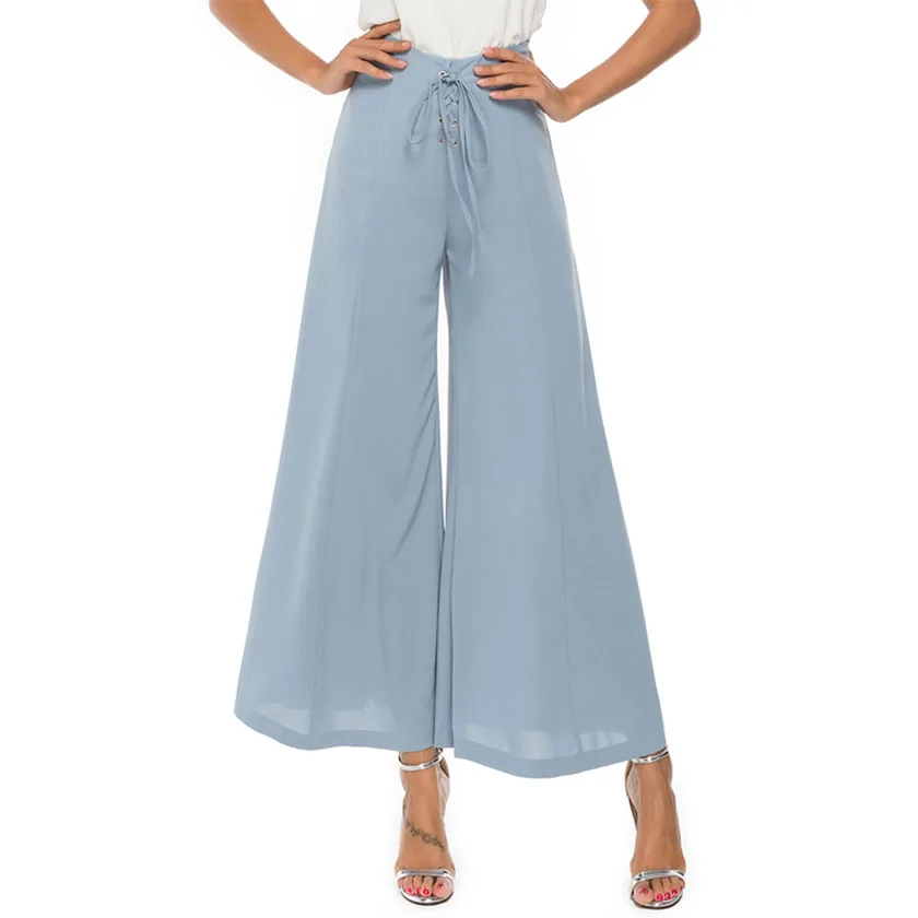 

New Wide Leg Pants Trousers Women High Waist Lace Up Adjustable Waist Full Length palazzo pants pantalones mujer B97491