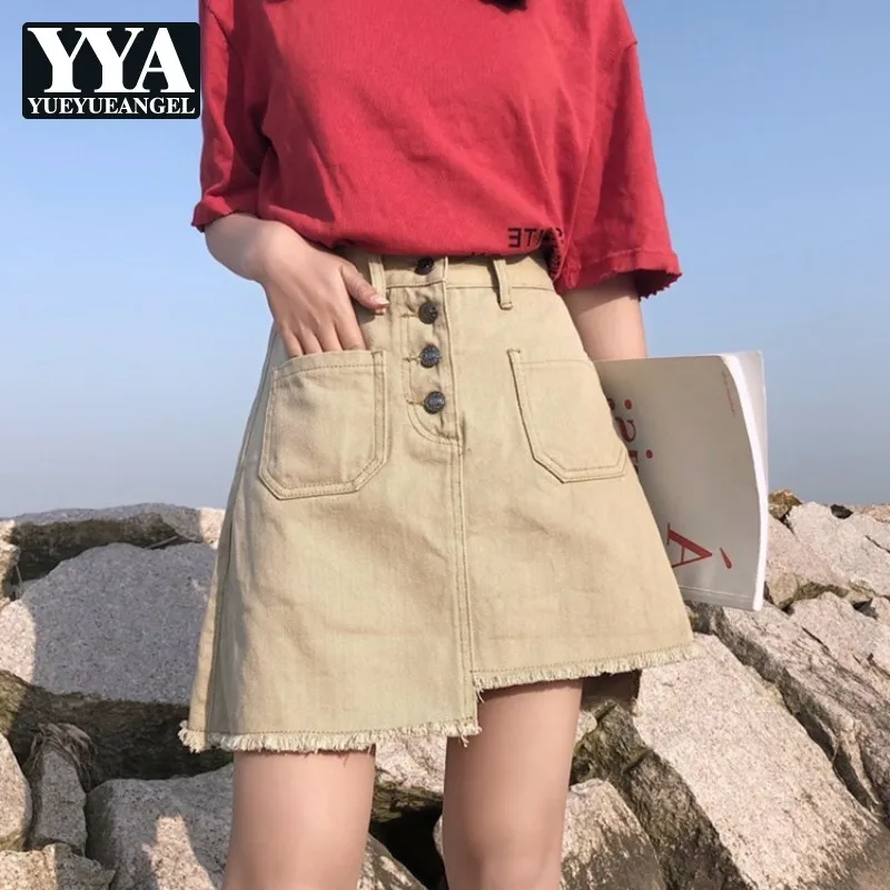 

Summer Women Korea Style High Waist Irregular Denim Skirt Female 2019 New Harajuku Casual Solid A-Line Mini Jeans Skirts Ladies