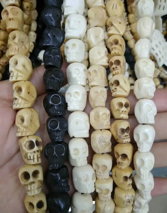 

50pcs 10mm Tibetant Skull Beads / Bone Skull Beads /Full strand 16" Skeleton Skull Beads /White- brown -black / Meditation Bea