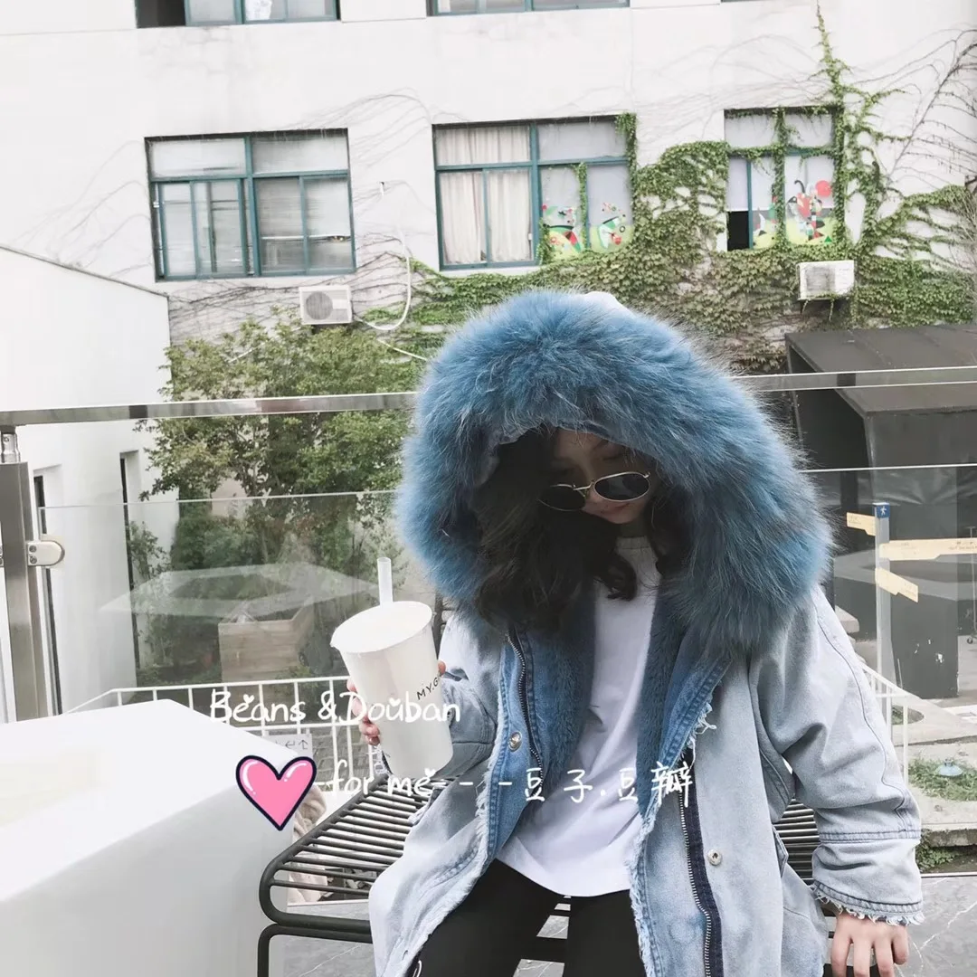 

Children's 2018 winter new girls fashion hooded jacket children's denim clothing children's large fur collar denim jacket