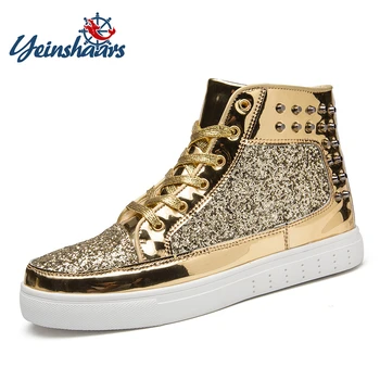 

YEINSHAARS Punk Couple Shoes Fashion High Top Rivet Casual Sneakers Sliver Gold Balck Pink Anti-slip Shoes Male Bling Rock Shoes