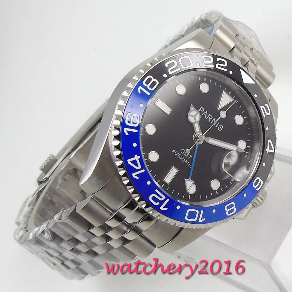 40 مللي متر Parnis ساعات آلية الأسود الأزرق السيراميك مدي أسود الهاتفي بتوقيت جرينتش مضيئة علامات الياقوت زجاج التلقائي الرجال ووتش