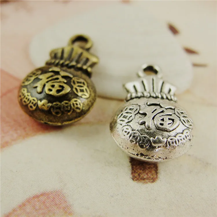 Tibetan Silver Lucky Bag Charms Chinese Culture Happiness Words Diy