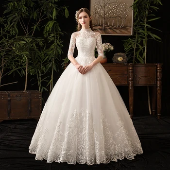 Abito da sposa musulmano in pizzo 2024 Nuovo collo alto mezza manica abito da sposa abito da sposa vintage Vestido De Noiva X personalizzato