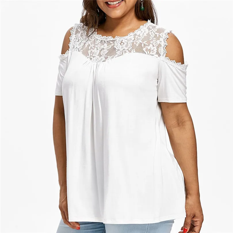 Plus Size New Fashion Women Winter Ladies Casual Daily  Cold Shoulder Strapless Lace Short Sleeve T-shirt Tops  #4F05 (2)