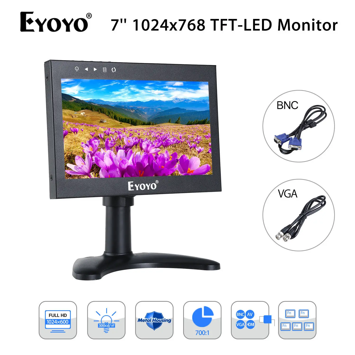 

EYOYO 7'' FHD LCD Display 1024x600 300cd/m2 Video Audio VGA BNC HDMI Monitor Metal Housing Built-in 5000MHA Rechargeable Battery