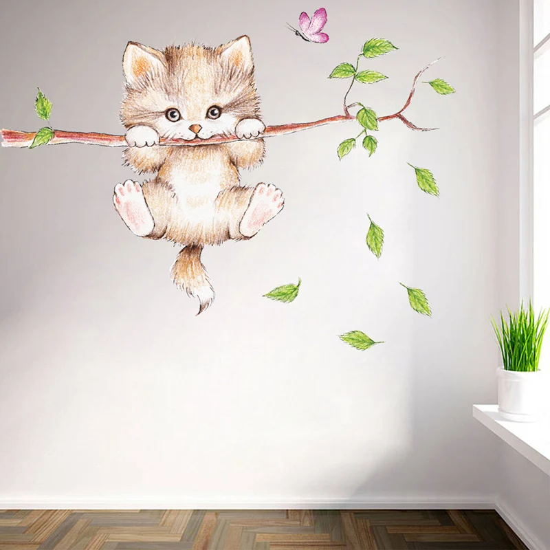 Прекрасный котенок на ветке дерева декоративные наклейки на стену для дома гостиной украшения DIY мультфильм кошка животные Декор Фреска ПВХ наклейка