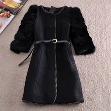 Spring Woollen Coat Jacket Women Outerwear Natural Rabbit Fur Sleeve Patchwork Wool Coat Vintage Thick Black Coat Parka Overcoat