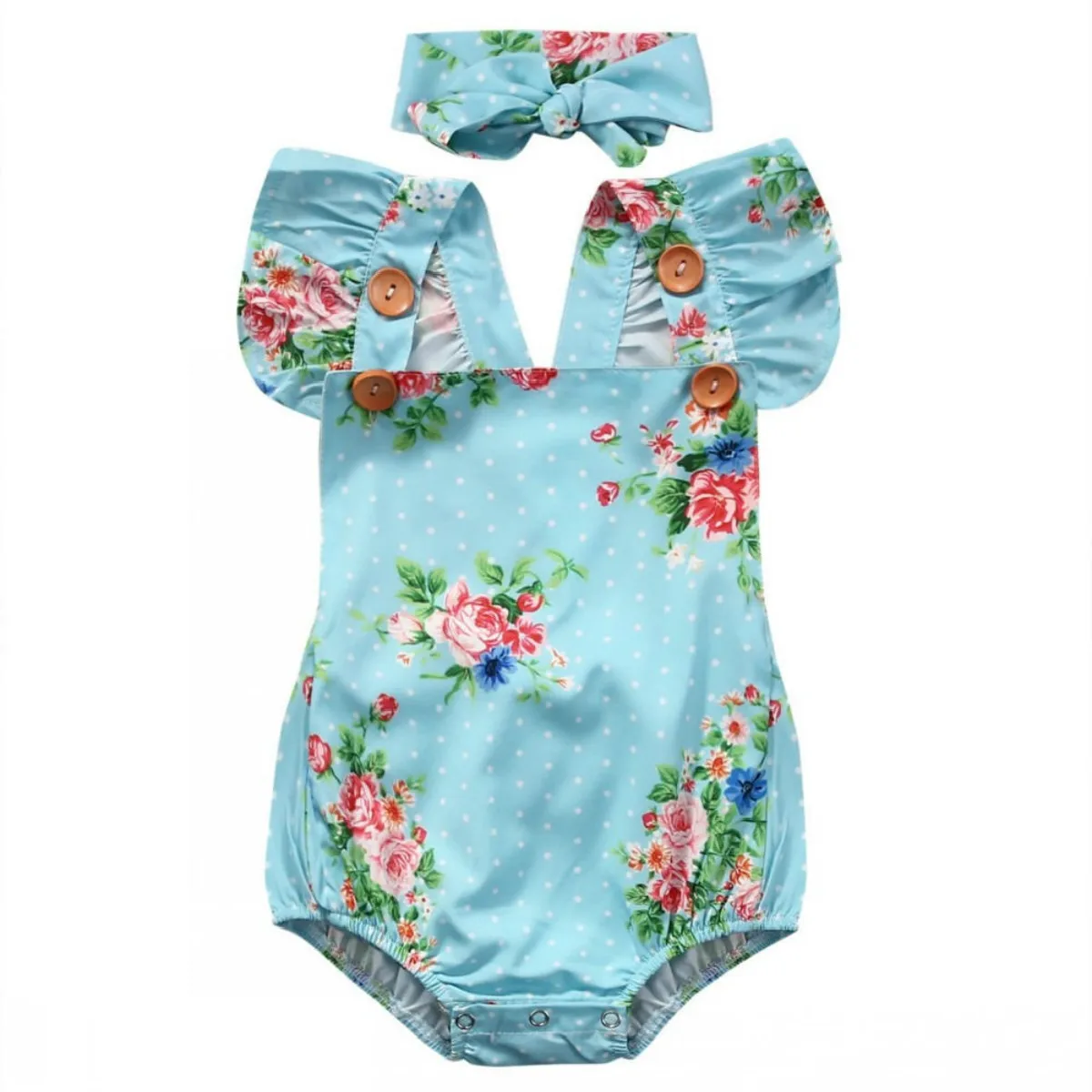 

Floral Baby Girls One-pieces Sleeveless Bodysuit Backless Sunsuit Clothes Headband 2pcs Size 0-24M