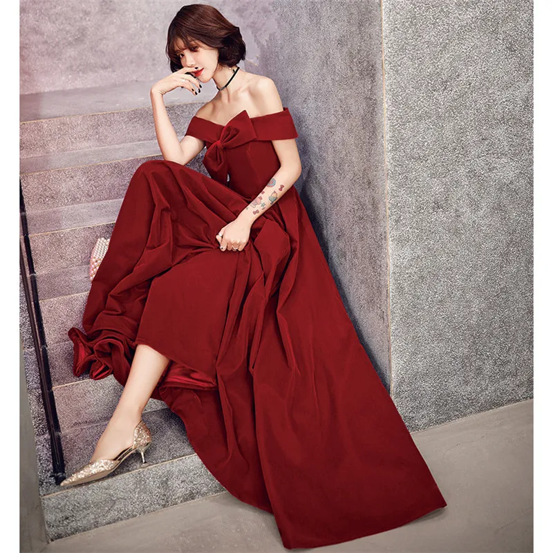 It's YiiYa Evening Dress Long Elegant A-Line Off Shoulder Bow Women Party Dress Boat Neck Robe de Soiree Plus Size 2019 E519