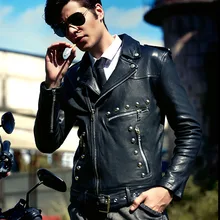 Мужская кожаная куртка из натуральной овечьей кожи, тонкая короткая кожаная куртка с косой молнией и заклепками для ночных клубов