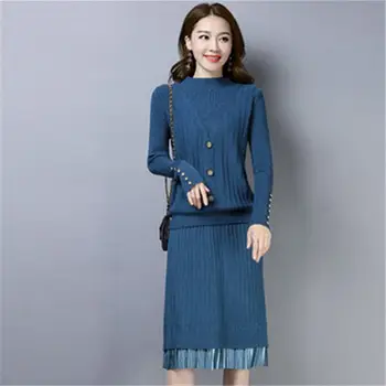 

2019 Twist Knitted 2 Piece Set Women Turtleneck Pullover Sweater Plaeted Pencil Skirt Set Lady Elegant Warm Knitting Suits X126