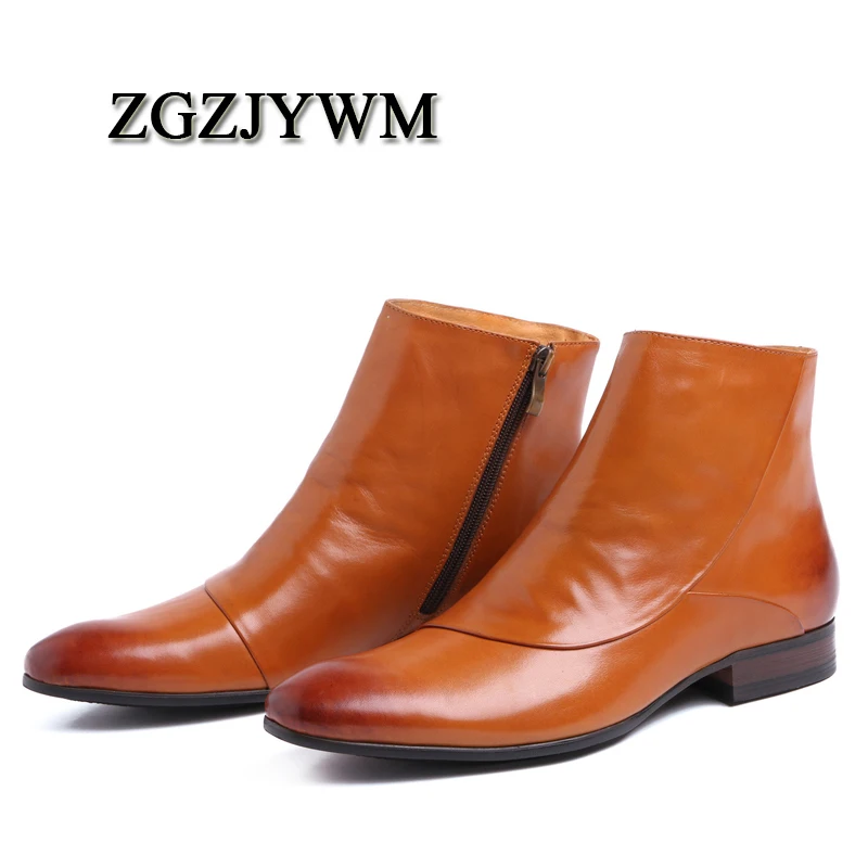 ZGZJYWM Spring/Autumn Fashion Comfortable High Quality Black/Brown Handmade Waterproof Genuine Leathe Zip Flat Ankle Men Boots | Обувь