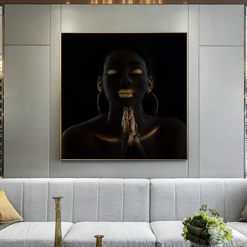 

Posters and Prints on Canvas Wall Art Oil Painting Black African Make-up Woman Golden Lips Pictures for Living Home Room Decor