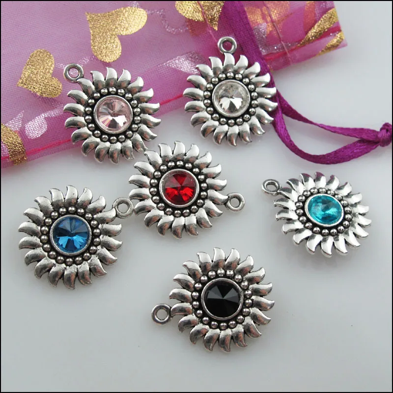 

New 6Pcs Tibetan Silver Mixed Crystal Sun Flower Charms Pendants 20x24mm