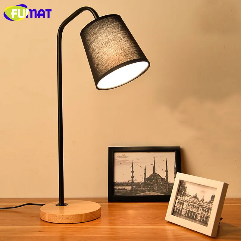 

FUMAT Nordic Simple Wood LED Table Lamp Creative Warm Bedroom Beside Light Study Desk Lamp E27 Holder Black White Fabric Shade