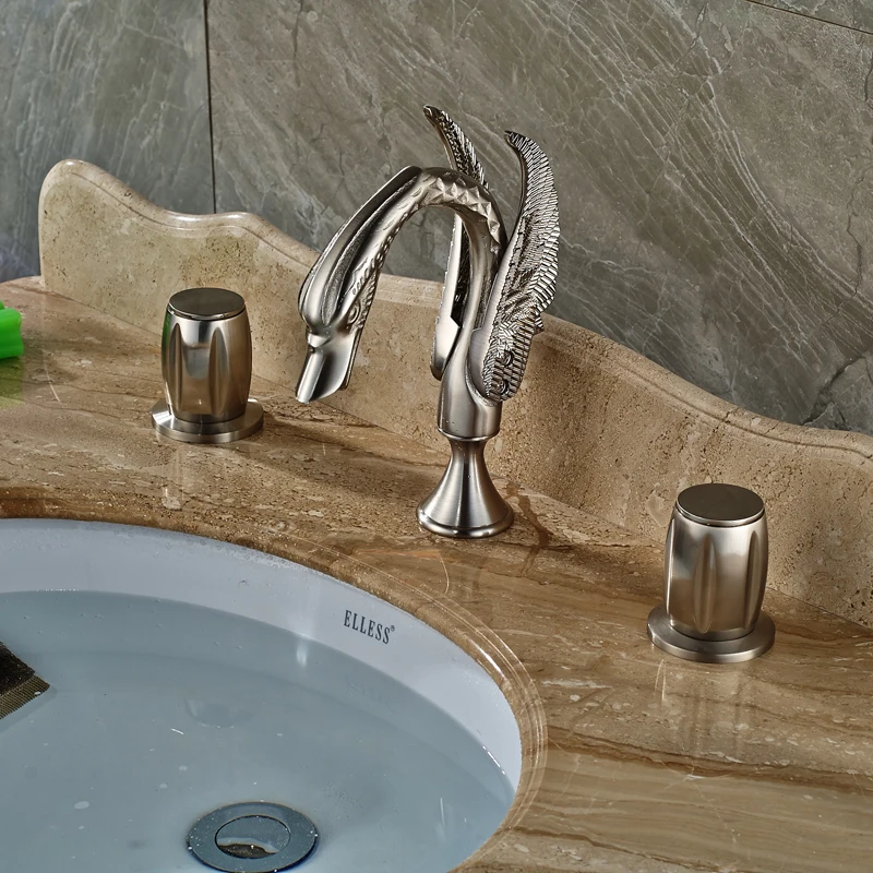 Dual Round Handles Basin Faucet Widespread Bathroom Mixer Tap Deck Mounted Swan Brushed Nickel Finish