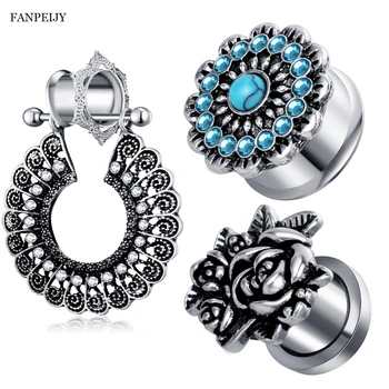 

Fanpeijy 3 Pair 3 Style Piercing Flare Ear Tunnel Plugs Silver Ear Piercing Dangle Expander Gauges Woman Rose Screw Body Jewelry